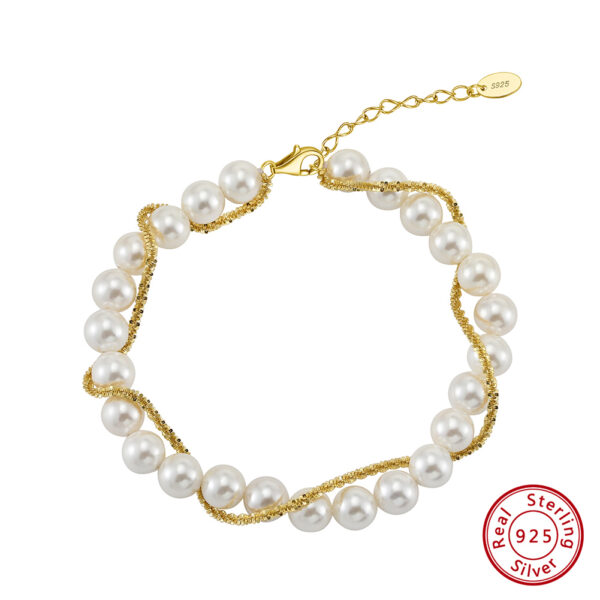 S925 Sterling Silver Double Layer Wrapped Shell Pearl Elegant Style Bracelet - Image 2