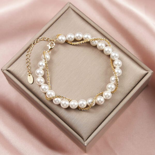 S925 Sterling Silver Double Layer Wrapped Shell Pearl Elegant Style Bracelet