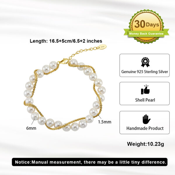 S925 Sterling Silver Double Layer Wrapped Shell Pearl Elegant Style Bracelet - Image 6