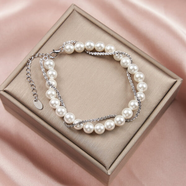 S925 Sterling Silver Double Layer Wrapped Shell Pearl Elegant Style Bracelet