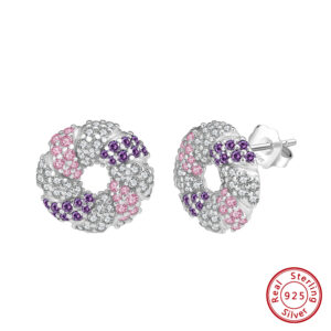 Cute Style Pink White Purple Cubic Zirconia Round Donut 925 Sterling Silver Studs Earring