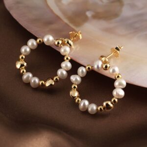925 Sterling Silver Chunky Gold Hoops Circled with Charm Aesthetic Pearl Hoops Earring