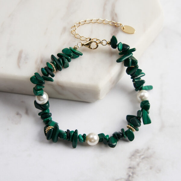 Bohemian Natural Stone Malachite and Freshwater Pearl Beaded Sterling Silver Bracelet - Image 3