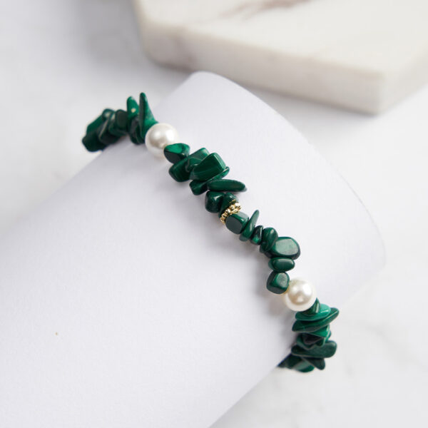 Bohemian Natural Stone Malachite and Freshwater Pearl Beaded Sterling Silver Bracelet - Image 4