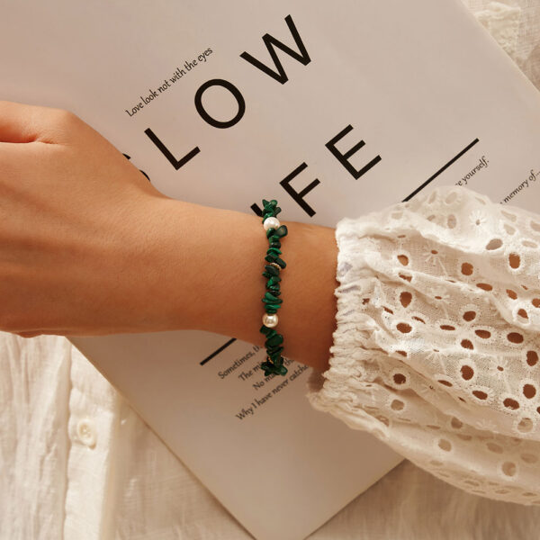 Bohemian Natural Stone Malachite and Freshwater Pearl Beaded Sterling Silver Bracelet - Image 8