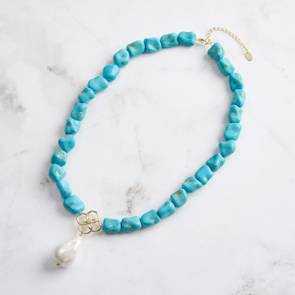 Open Clover Charm Natural Turquoise Beaded Pearl Pendant 925 Silver Necklace - Image 6