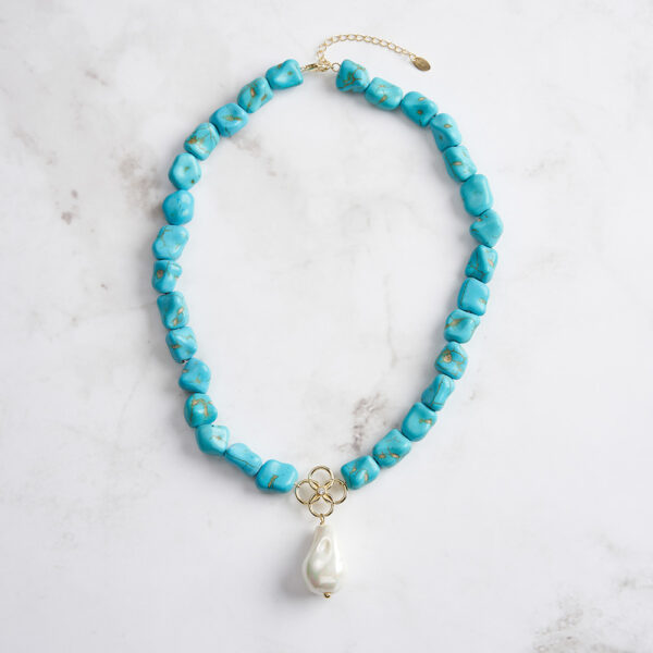 Open Clover Charm Natural Turquoise Beaded Pearl Pendant 925 Silver Necklace - Image 4