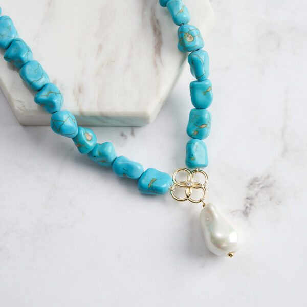 Open Clover Charm Natural Turquoise Beaded Pearl Pendant 925 Silver Necklace - Image 3