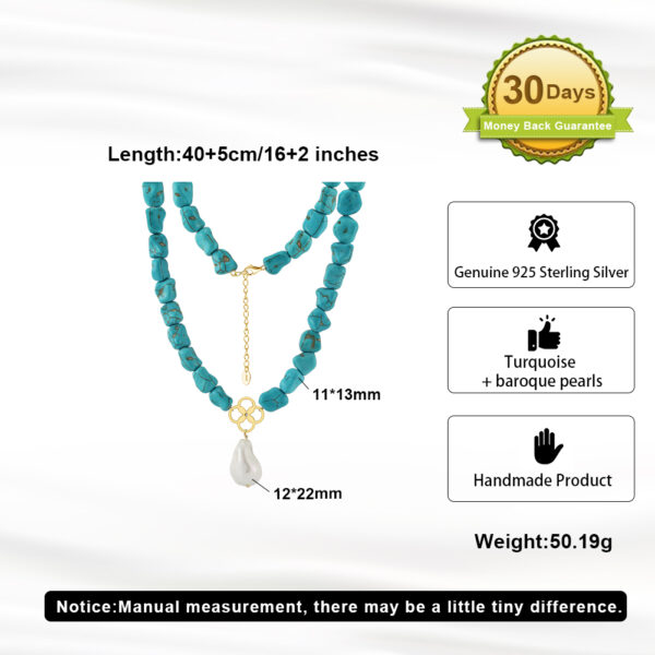 Open Clover Charm Natural Turquoise Beaded Pearl Pendant 925 Silver Necklace - Image 5