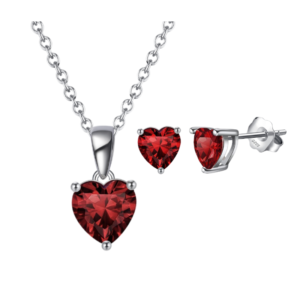 925 Sterling Silver Red Heart Shaped Birthstone Pendant Necklace and Earring Jewelry Set