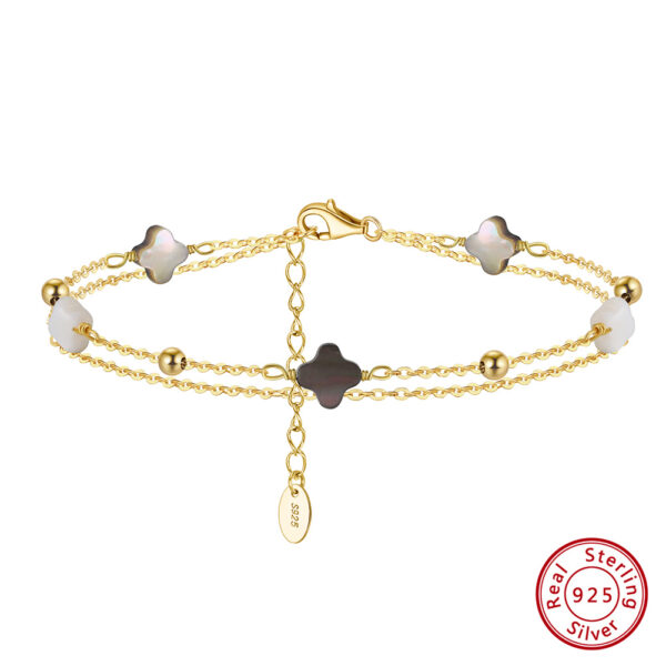 Four Leaf Clover Shell Pearl 925 Sterling Silver Double-Layer Chain Bracelet - Image 2