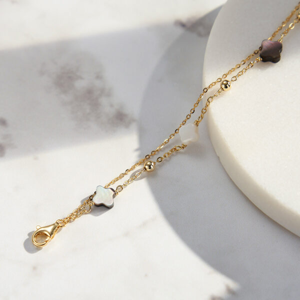 Four Leaf Clover Shell Pearl 925 Sterling Silver Double-Layer Chain Bracelet - Image 3