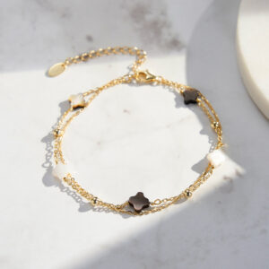Four Leaf Clover Shell Pearl 925 Sterling Silver Double-Layer Chain Bracelet