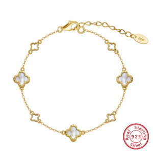 14K Gold Plated Polished Natural Four-Leaf Clover Shell Pearl Adjustable Size 925 Sterling Silver Chain Bracelet