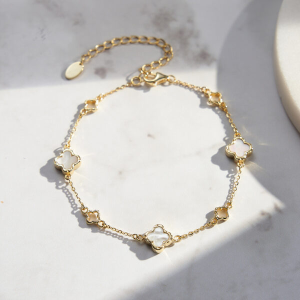 14K Gold Plated Polished Natural Four-Leaf Clover Shell Pearl Adjustable Size 925 Sterling Silver Chain Bracelet - Image 5
