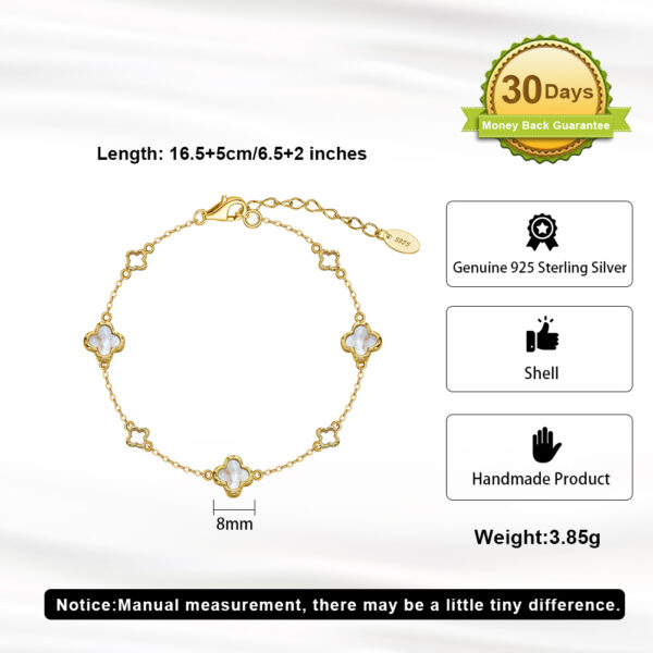 14K Gold Plated Polished Natural Four-Leaf Clover Shell Pearl Adjustable Size 925 Sterling Silver Chain Bracelet - Image 4